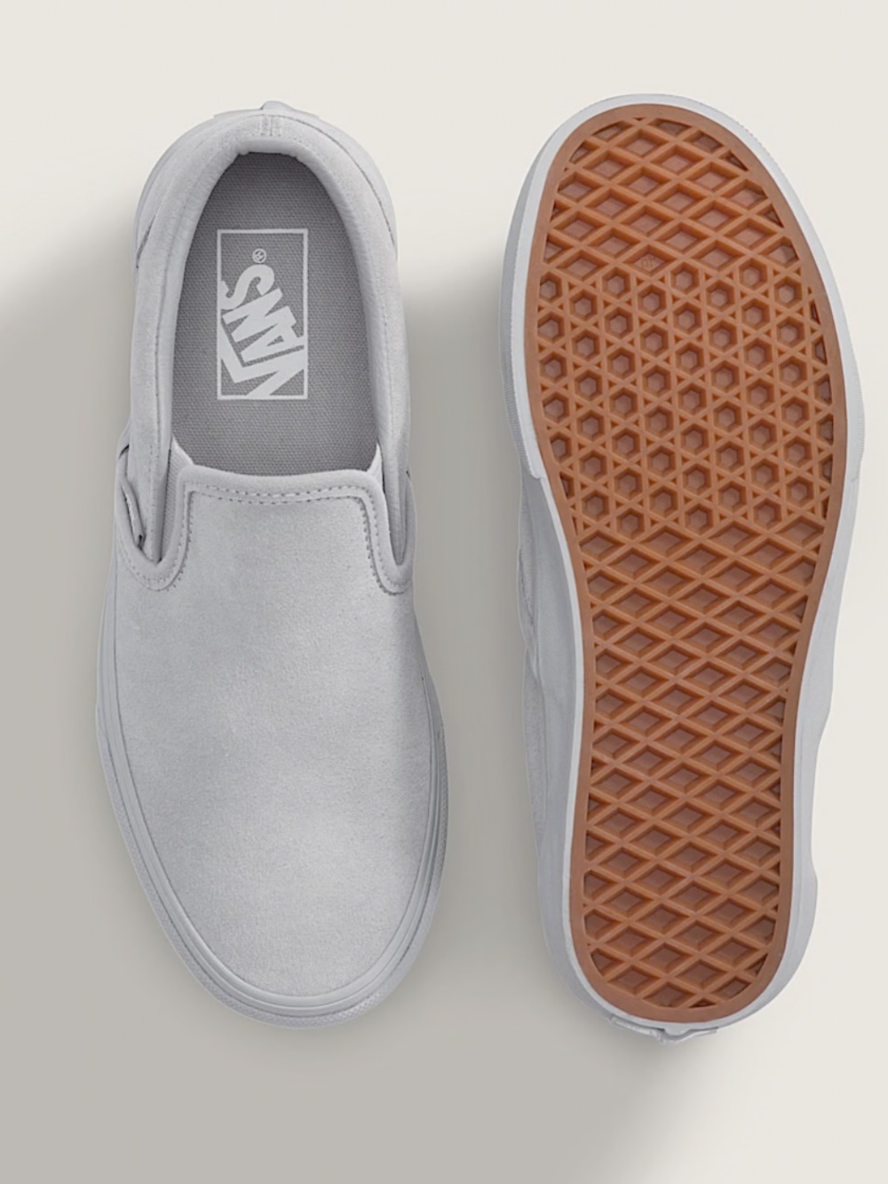 Vans Slip-On Suede Loafers in Light Gray with Gum Sole